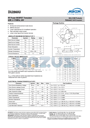 DU2860U datasheet - RF Power MOSFET Transistor 60W, 2-175MHz, 28V