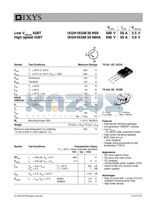 IXGH30N60A datasheet - Low VCE(sat) IGBT, High speed IGBT