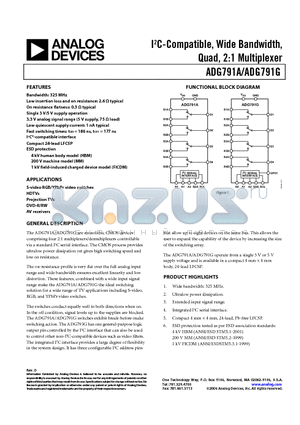 ADG791A datasheet - IC-Compatible, Wide Bandwidth, Quad, 2:1 Multiplexer