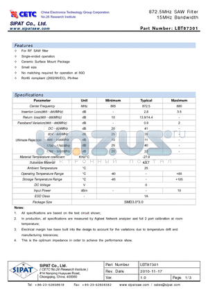 H73A datasheet - 872.5MHz SAW Filter 15MHz Bandwidth