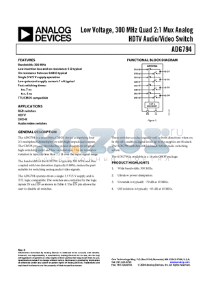 ADG794BRQZ-500RL7 datasheet - Low Voltage, 300 MHz Quad 2:1 Mux Analog HDTV Audio/Video Switch