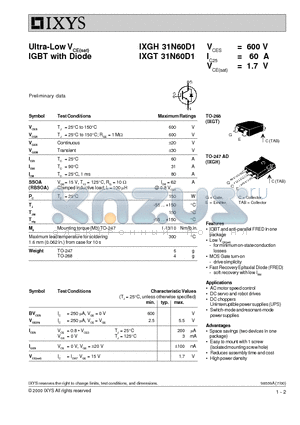 IXGH31N60D1 datasheet - Ultra-Low V IGBT with Diode