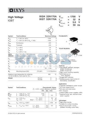 IXGH32N170A datasheet - High Voltage IGBT