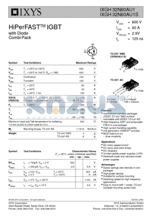 IXGH32N60AU1S datasheet - HiPerFAST IGBT with Diode Combi Pack