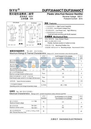 DUF20A60CT datasheet - Plastic Ultra-Fast Recover Rectifier Reverse Voltage 600 V Forward Current 20 A