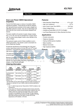 ICL7621DCPAZ datasheet - Dual, Low Power CMOS Operational Amplifiers