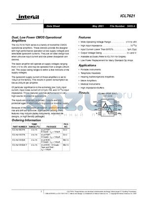 ICL7621DCPA datasheet - Dual, Low Power CMOS Operational Amplifiers