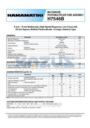 H7546B datasheet - MULTIANODE PHOTOMULTIPLIER TUBE ASSEMBLY