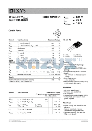 IXGH38N60U1 datasheet - Ultra-Low VCE(sat) IGBT with Diode