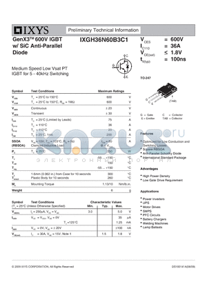 IXGH36N60B3C1 datasheet - GenX3TM 600V IGBT w/ SiC Anti-Parallel Diode