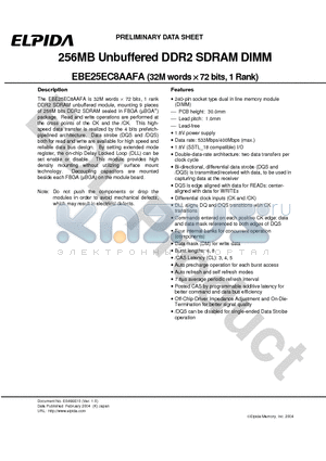 EBE25EC8AAFA datasheet - 256MB Unbuffered DDR2 SDRAM DIMM