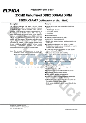 EBE25UC8AAFA-4A-E datasheet - 256MB Unbuffered DDR2 SDRAM DIMM