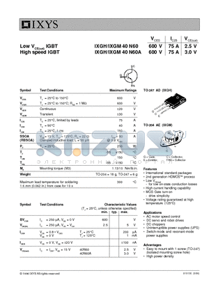 IXGH40N60 datasheet - Low VCE(sat) IGBT, High speed IGBT