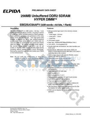 EBE25UC8AAFV-DF-E datasheet - 256MB Unbuffered DDR2 SDRAM HYPER DIMM