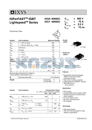 IXGH40N60C datasheet - HiPerFAST IGBT Lightspeed Series
