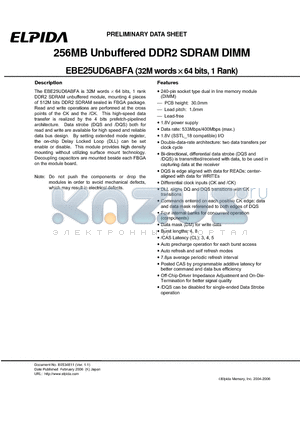 EBE25UD6ABFA-5C-E datasheet - 256MB Unbuffered DDR2 SDRAM DIMM