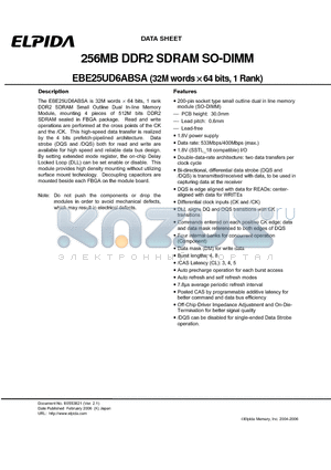 EBE25UD6ABSA datasheet - 256MB DDR2 SDRAM SO-DIMM
