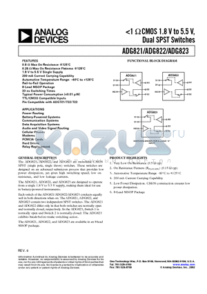 ADG821 datasheet - <1  CMOS 1.8 V to 5.5 V, Dual SPST Switches