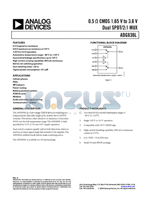 ADG836L datasheet - 0.5 OHM CMOS 1.65 V to 3.6 V Dual SPDT/2:1 MUX