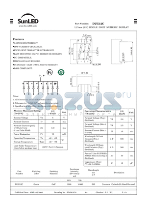 DUG12C datasheet - 12.7mm (0.5) SINGLE DIGIT NUMERIC DISPLAY