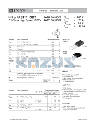 IXGH50N60C2 datasheet - HiPerFAST IGBT C2-Class High Speed IGBTs