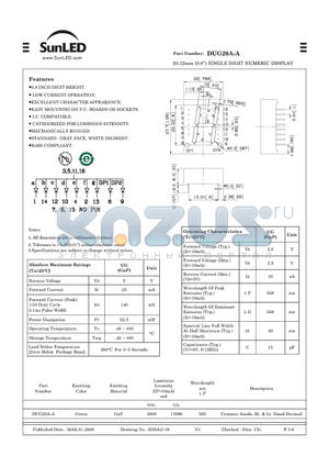 DUG20A-A datasheet - 20.32mm (0.8) SINGLE DIGIT NUMERIC DISPLAY