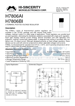 H7806AI datasheet - 3-TERMINAL POSITIVE VOLTAGE REGULATOR