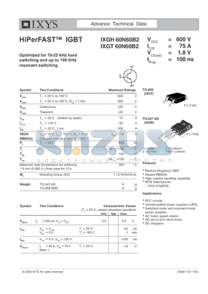 IXGH60N60B2 datasheet - Optimized for 10-25 kHz hard switching and up to 100 KHz resonant switching