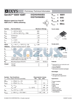 IXGH64N60B3 datasheet - GenX3 600V IGBT