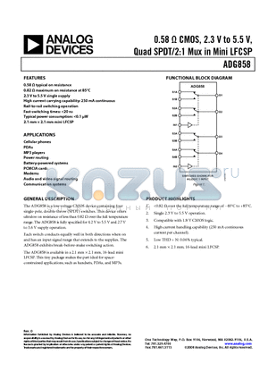 ADG858BCPZ-REEL1 datasheet - 0.58 Y CMOS, 2.3 V to 5.5 V, Quad SPDT/2:1 Mux in Mini LFCSP