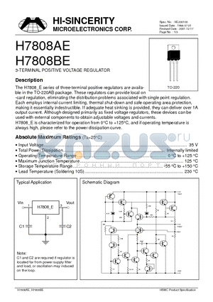 H7808AE datasheet - 3-TERMINAL POSITIVE VOLTAGE REGULATOR