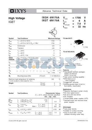 IXGH6N170A datasheet - High Voltage IGBT
