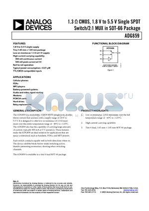 ADG859BRYZ-REEL datasheet - 1.3ohm CMOS, 1.8 V to 5.5 V Single SPDT Switch/2:1 MUX in SOT-66 Package