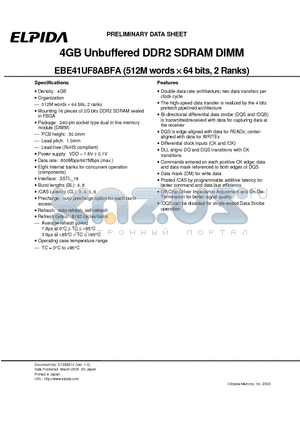 EBE41UF8ABFA-8G-E datasheet - 4GB Unbuffered DDR2 SDRAM DIMM