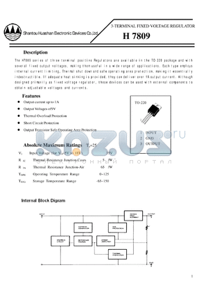 H7809 datasheet - 3-TERMINAL FIXED VOLTAGE REGULATOR