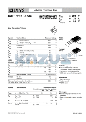 IXGK50N60A2D1 datasheet - IGBT with Diode