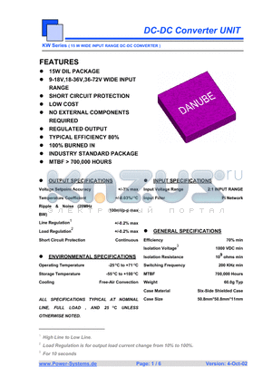 KWD-1205 datasheet - DC-DC Converter UNIT 15 W WIDE INPUT RANGE DC-DC CONVERTER