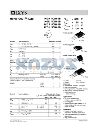 IXGK50N60B datasheet - HiPerFAST  IGBT