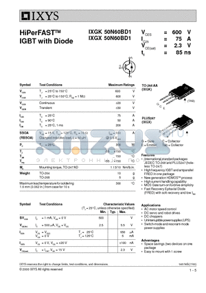 IXGK50N60BD1 datasheet - HiPerFAST IGBT with Diode