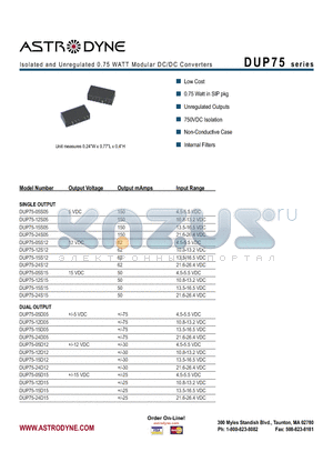 DUP75-05S15 datasheet - Isolated and Unregulated 0.75 WATT Modular DC/DC Converters