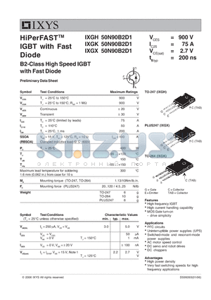 IXGK50N90B2D1 datasheet - HiPerFAST IGBT with Fast Diode