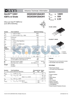 IXGK55N120A3H1 datasheet - GenX3 1200V IGBTs w/ Diode