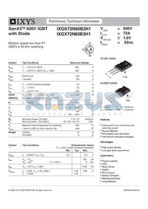 IXGK72N60B3H1 datasheet - GenX3 600V IGBT with Diode