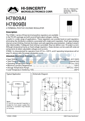 H7809BI datasheet - 3-TERMINAL POSITIVE VOLTAGE REGULATOR