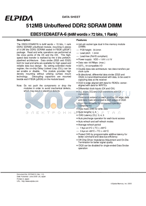 EBE51ED8AEFA-6 datasheet - 512MB Unbuffered DDR2 SDRAM DIMM (64M words x 72 bits, 1 Rank)