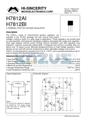 H7812BI datasheet - 3-TERMINAL POSITIVE VOLTAGE REGULATOR
