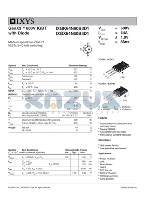 IXGK64N60B3D1 datasheet - GenX3 600V IGBT with Diode