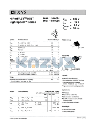 IXGP12N60CD1 datasheet - HiPerFAST IGBT Lightspeed Series