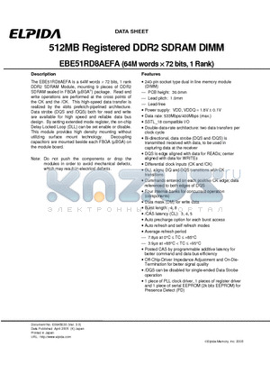 EBE51RD8AEFA datasheet - 512MB Registered DDR2 SDRAM DIMM (64M words x 72 bits, 1 Rank)