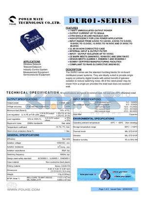 DUR01-05S05 datasheet - 1 WATT UNREGULATED OUTPUT POWER